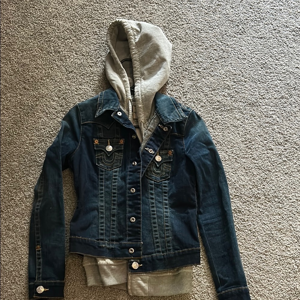 True Religion Blue and Gray Jean Jacket with Cozy Hood hoodie XS